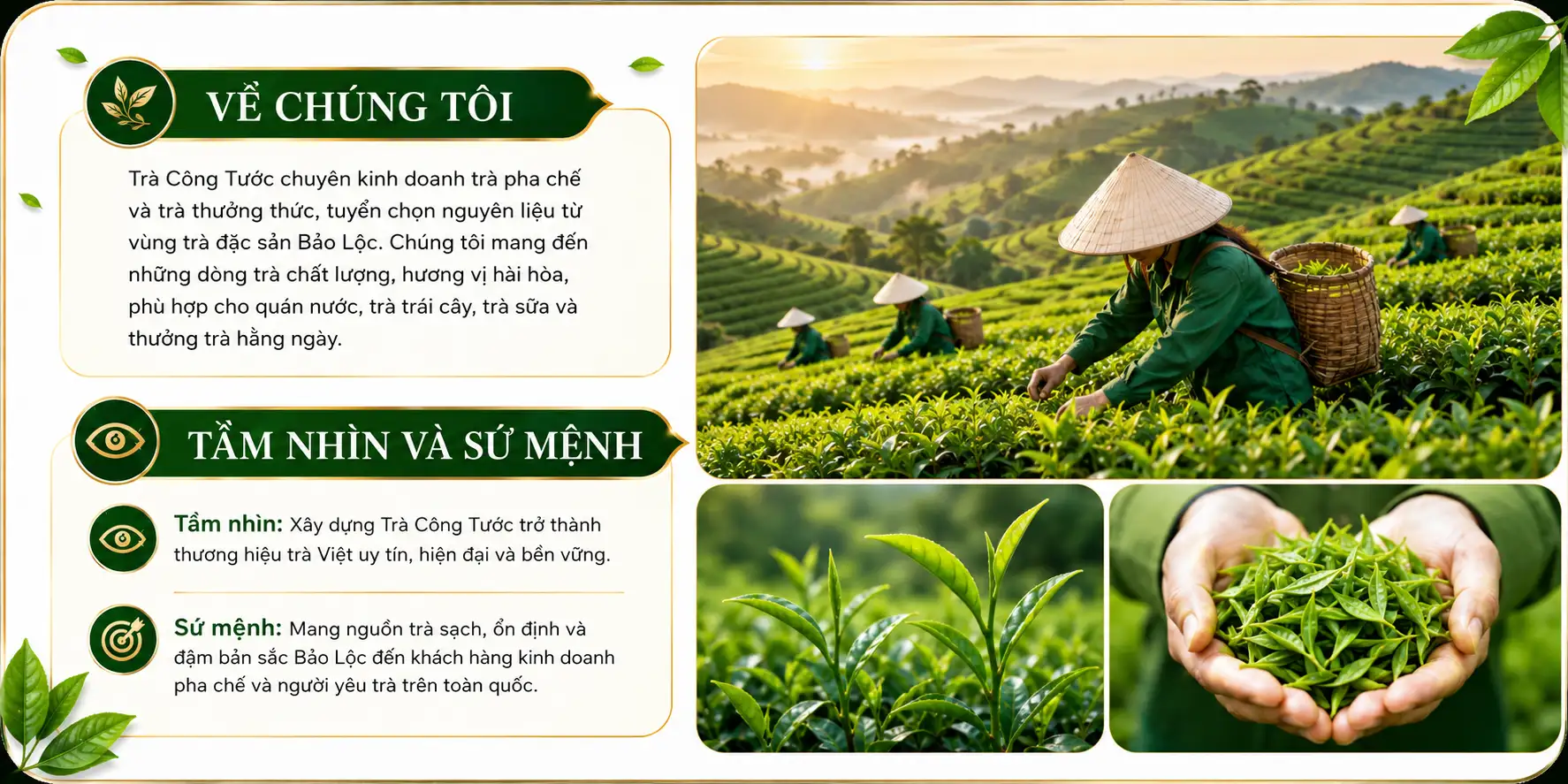 Trà Công Tước giới thiệu trà pha chế và trà thưởng thức từ vùng trà đặc sản Bảo Lộc với đồi chè xanh và trà phu hái trà.